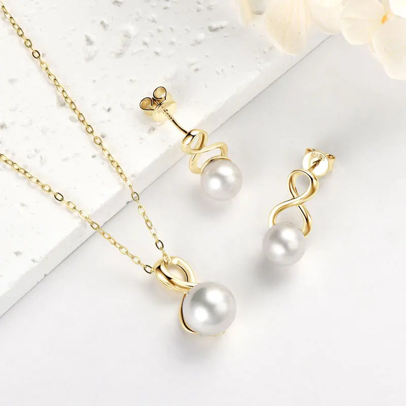 925 Silver Pearl Jewelry Set Natural Freshwater Pearl Bread-shaped Infinity Pendant Necklace Earrings Sets for Women Gifts