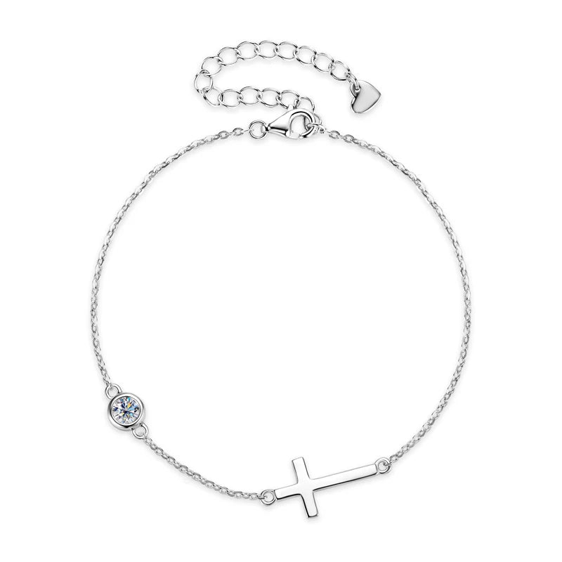 100% 925 Sterling Silver Cross Bracelet with 4mm Bezel Moissanite Diamond for Women Men Fine Jewelry Gift Adjustable Chain