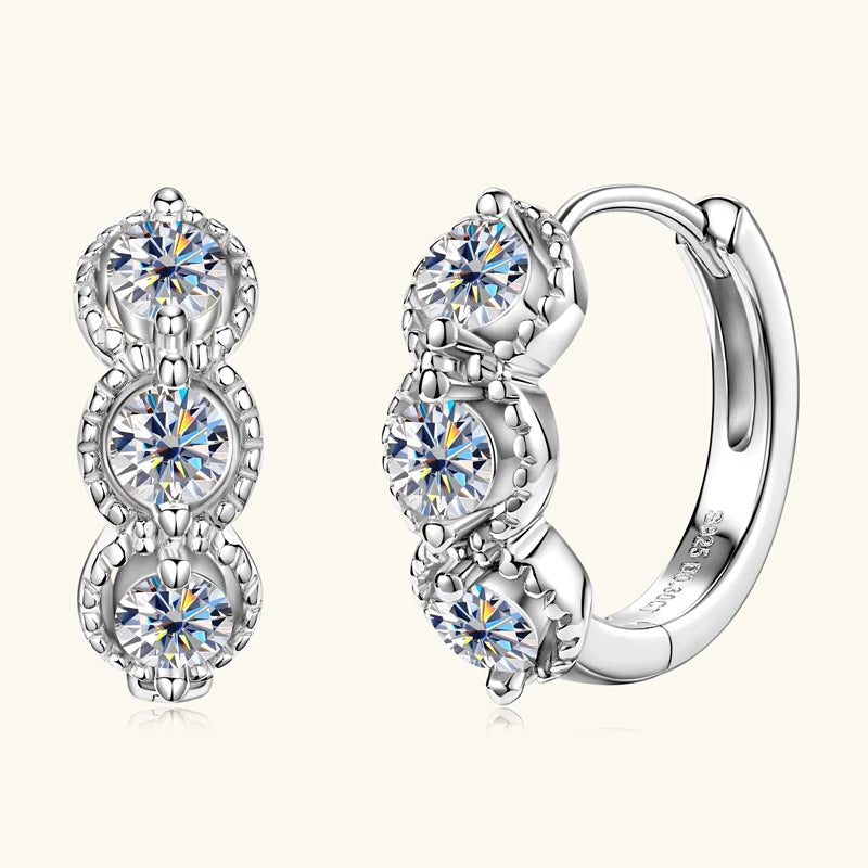 2025 New 3mm Round Moissanite Three Stone Hoop Earrings Real 925 Sterling Silver Earrings Jewelry Valentine's Day Gift for Women