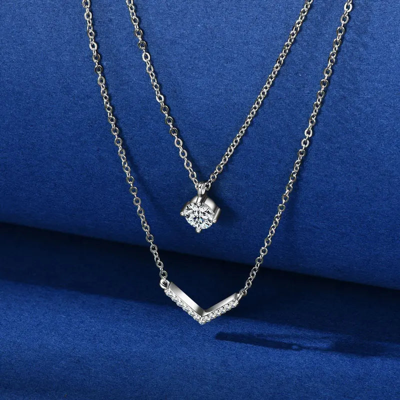 V Letter 5mm Moissanite Pendant Double Layer Necklace for Women 925 Sterling Silver Chain Clavicle 2025 New Jewelry Gifts