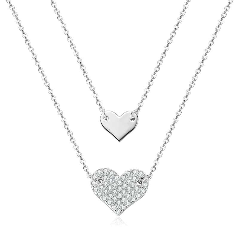Double Layers Heart Love Necklace 925 Sterling Silver Pave Setting Round Cut Moissanite Necklace