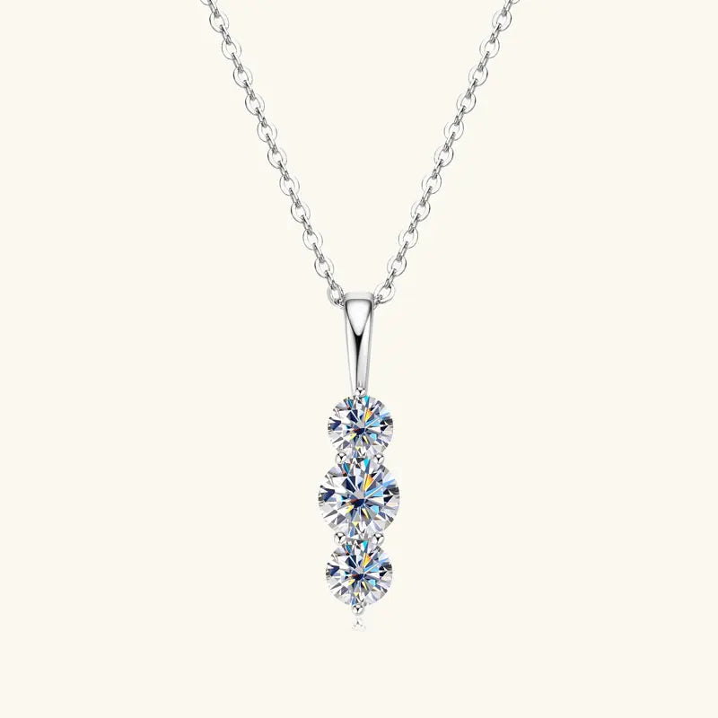 1.1ctw. D Moissanite Pendant Necklace for Women 925 Silver Three-Stone Vertical Bar Pendants Adjustable Chain Jewelry Gift