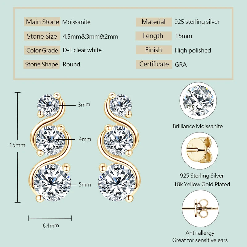 18K Gold Plated 1.80CTTW. VVS1 Round Moissanite Drop Earrings Studs Real 925 Silver for Women Wedding Party Gift 2024 New