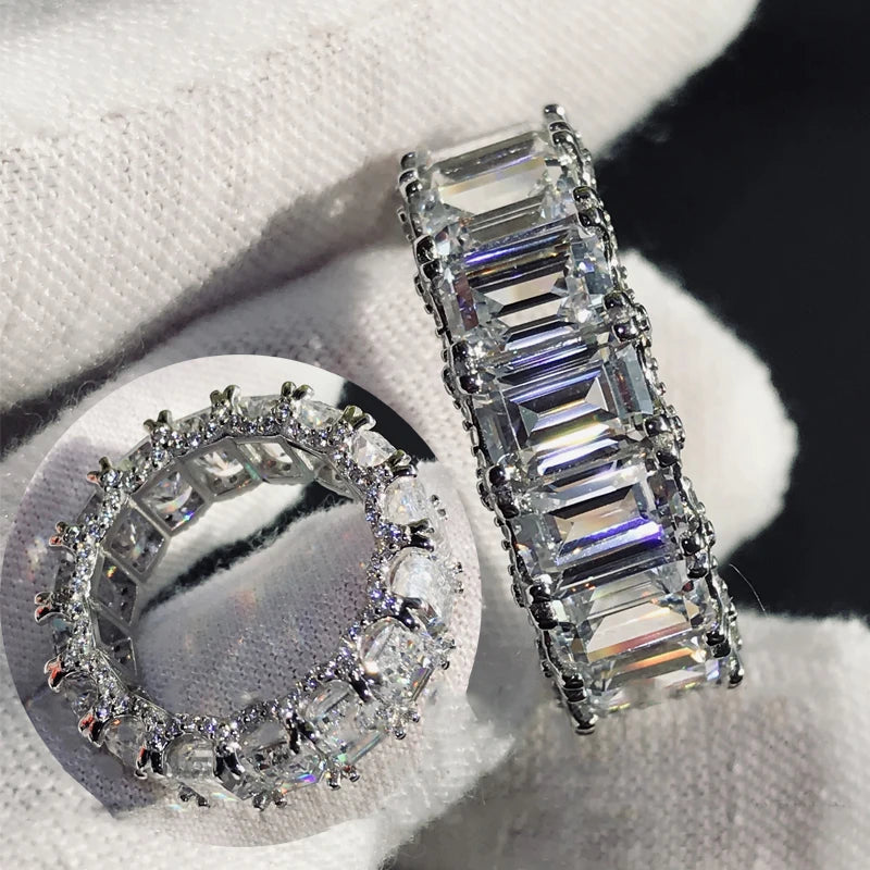 100% Real Silver 925 Full Eternity Ring for Women Simulated Diamond Engagement Wedding Band Finger Rings Cubic Zirconia Jewelry