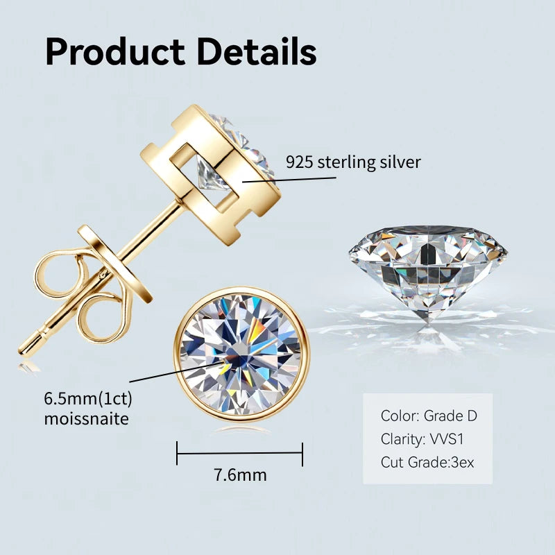 Bezel 5mm 6.5mm 1CT D Color Moissanite Earrings 925 Sterling Silver Plated K Gold Earrings for Men Women Gift Valentine's