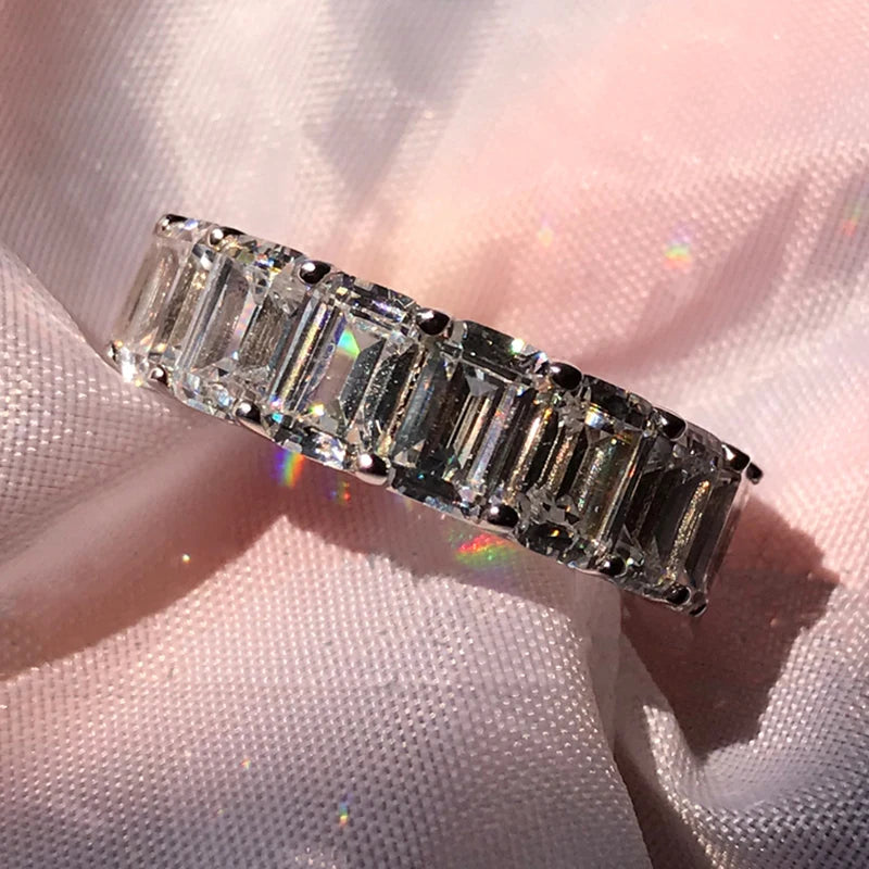 6x4mm Emerald Cut Eternity Rings Wedding Band for Women 100% 925 Silver Sona Simulated Diamond Engagement Ring Jewelry