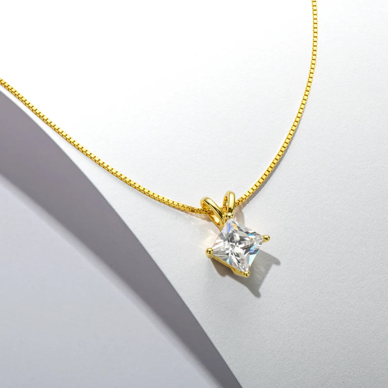 925 Sterling Silver Princess Cut 7*7mm Cubic Zirconia Solitaire Pendant Necklace Aesthetic Accessories for Women Jewelry