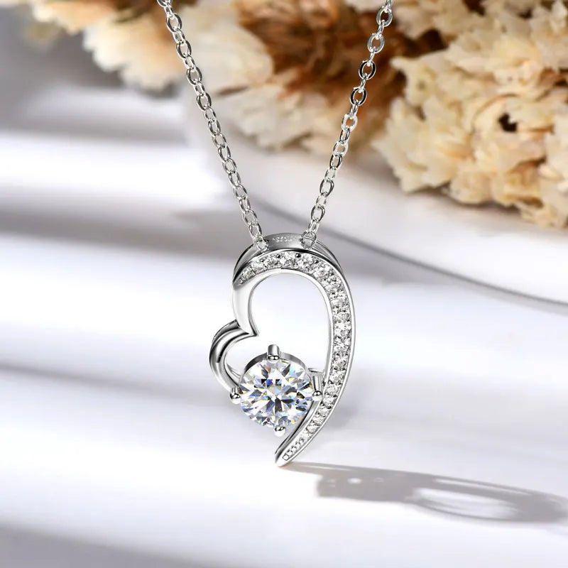 Real 925 Silver Heart Pendant Necklace Moissanite 1CT 6.5mm S925 Chain for Women Lover Girl Christmas Valentine's Day Gift