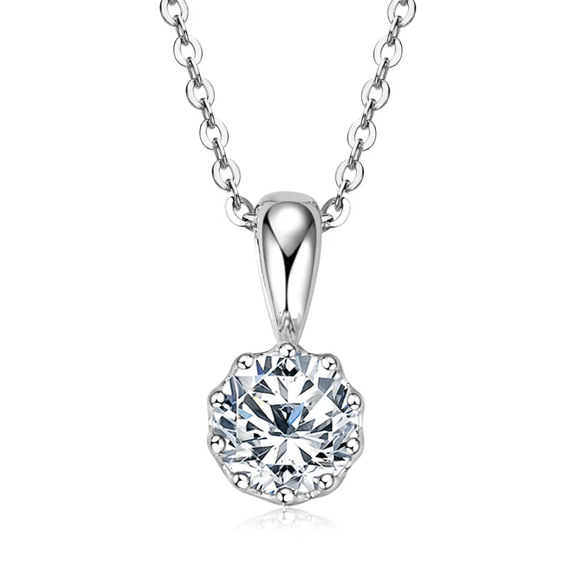Crown Pendant Necklace 100% Real Silver 925 Chain Round 1CT VVS1 Moissanite Necklace for Women Charm Gift Birthday Jewelry