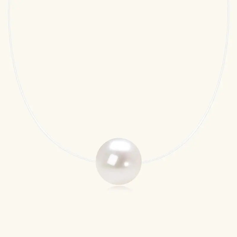 Solitaire 8-9mm Natural Cultured Freshwater Pearl Pendant Necklace for Women 925 Silver Invisible Fishing Line Chain Adjustable