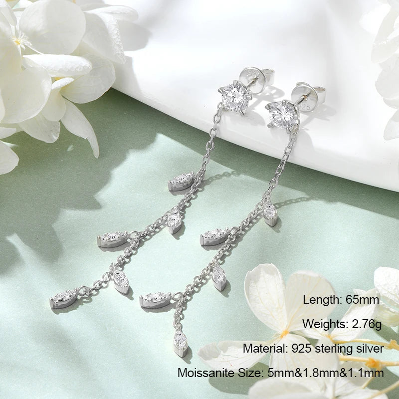 Long Tassel Star Moissanite Pendant Earrings for Women S925 Silver Chain Dangle Drop Earrings Studs GRA Certified Jewelry