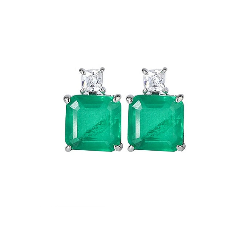 Vintage Simulated Emerald Square Stud Earrings 10*10mm Gemstone Pendant Necklace Silver 925 Plated Copper Women's  Jewelry Gift
