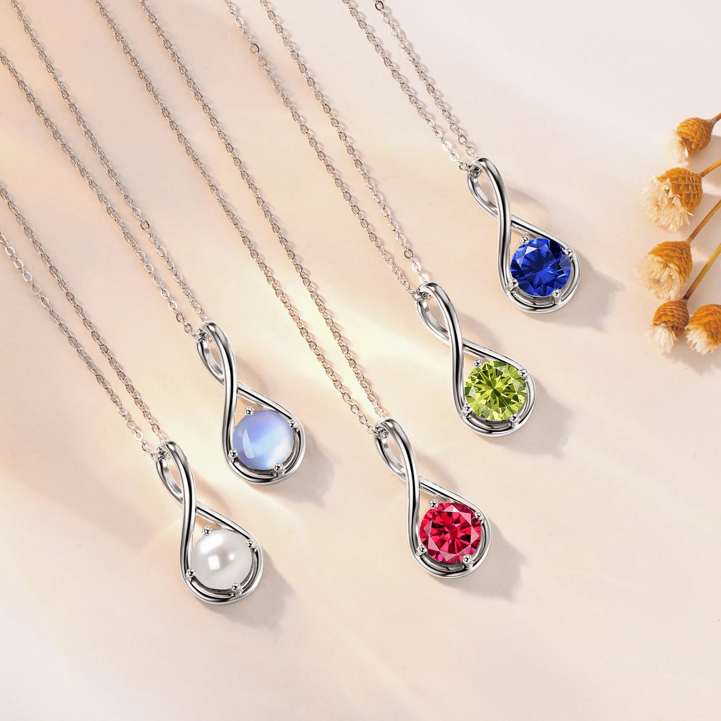 Colorful 12 Birthstone Pendant Infinity Necklace for Women 925 Silver 8mm Round Moissanite Zirconia Pearl Jewelry Birthday Gift