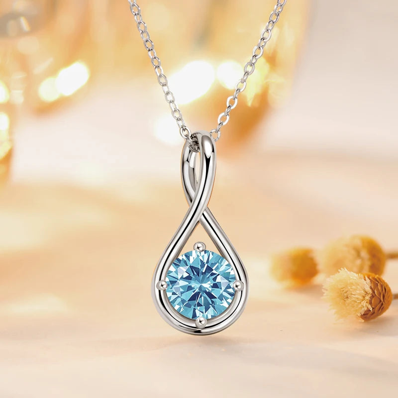 Colorful 12 Birthstone Pendant Infinity Necklace for Women 925 Silver 8mm Round Moissanite Zirconia Pearl Jewelry Birthday Gift