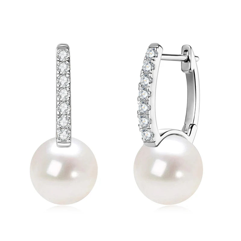Real 925 Sterling Silver Hoops for Women 10mm Natural Freshwater Pearl Drop Earrings with 1.8mm Moissanite Diamond Jewelry Gifts