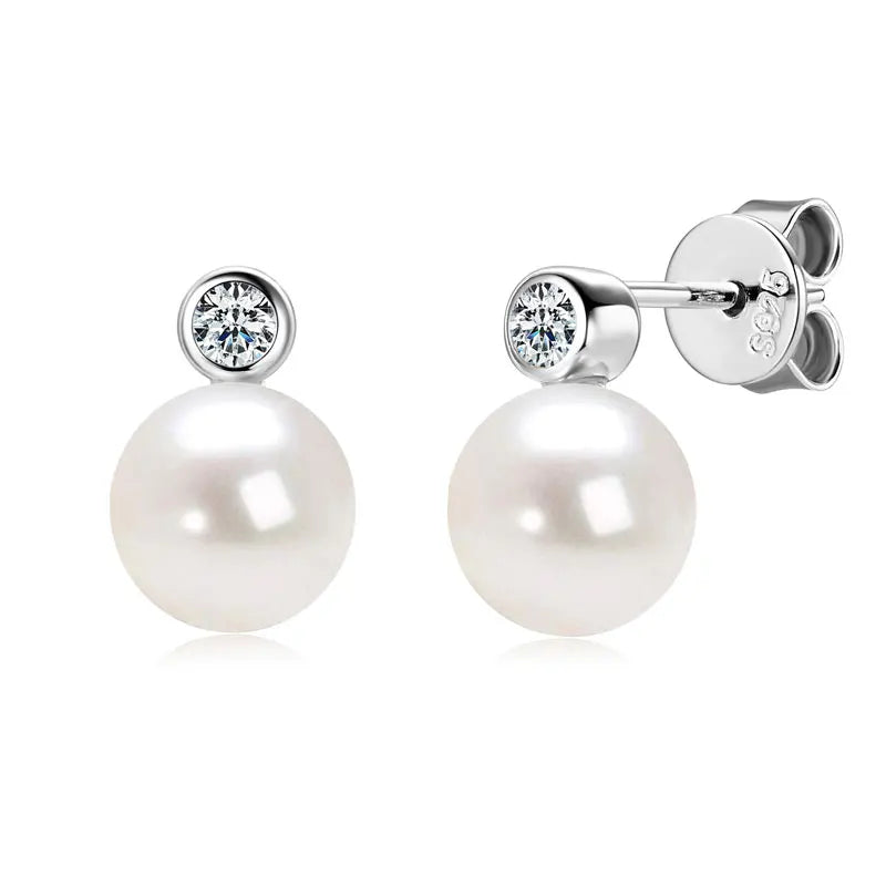 925 Sterling Silver Earrings 7-8mm Natural Freshwater Pearl Stud Earrings with 2.5mm Cubic Zirconia Jewelry for Women Gift