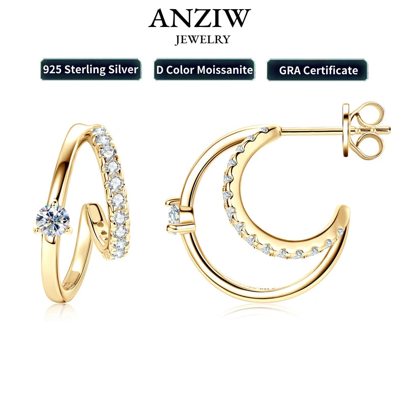 Real 3mm D Color Moissanite Earrings Cuff Double Half Hoop Studs 925 Silver for Women OL GRA Certified Jewelry Gift 2024 Fashion