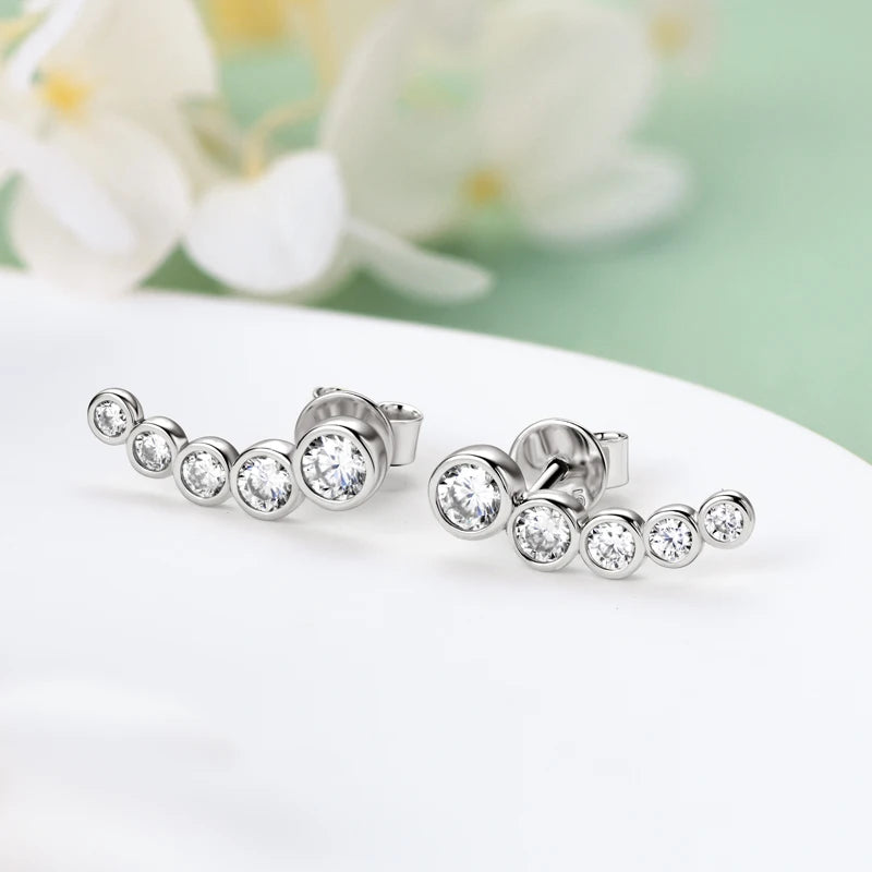 Trendy Bezel Round Moissanite Stud Earrings 925 Silver Plated Gold for Women Curved Earrings Fine Jewelry Valentine's Gift