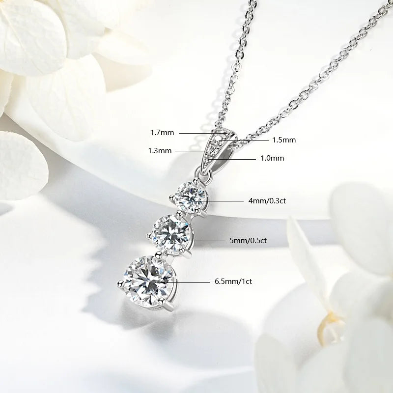 Real Certified Gradual Three Stone Moissanite Pendant Necklace 100% 925 Silver for Women Luxury Wedding Anniversary Jewelry Gift