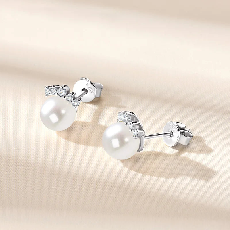 100% S925 Sterling Silver 7.5-8mm Natural Freshwater White Pearl Crown Piercing Stud Earrings for Women Fine Jewel Gifts