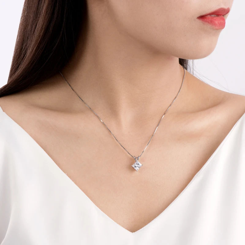 925 Sterling Silver Princess Cut 7*7mm Cubic Zirconia Solitaire Pendant Necklace Aesthetic Accessories for Women Jewelry
