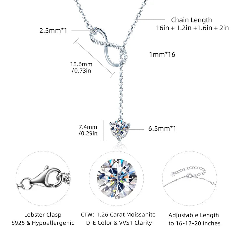 925 Silver Infinity Necklace for Women 6.5mm D Color Moisasnite Pendant Y Shape Necklaces Anniversary Wedding Jewelry Gift