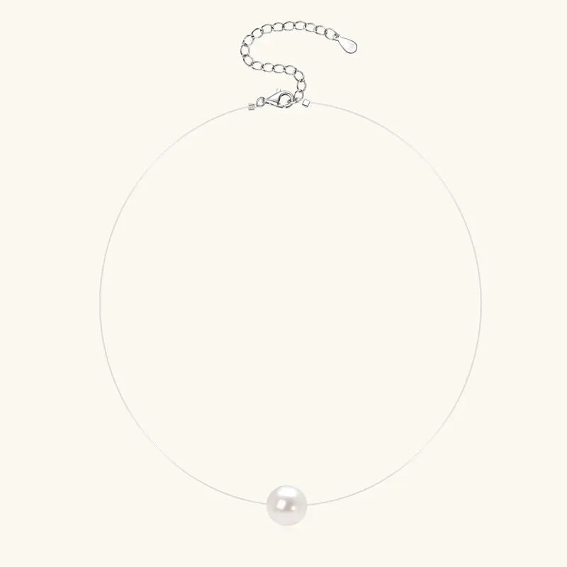 Solitaire 8-9mm Natural Cultured Freshwater Pearl Pendant Necklace for Women 925 Silver Invisible Fishing Line Chain Adjustable