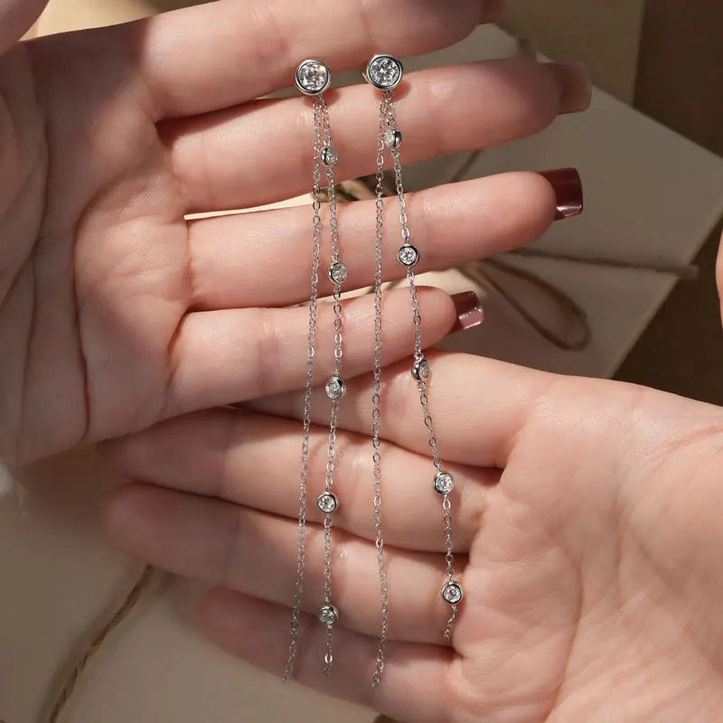 925 Silver 5mm 3mm Moissanite Earrings 10-11.5cm Long Tassel Double Chains Drop Earring for Women Valentine Jewelry Gifts