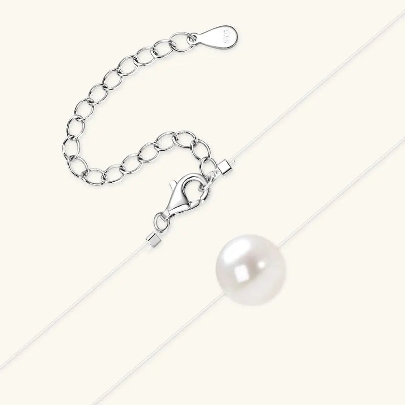 Solitaire 8-9mm Natural Cultured Freshwater Pearl Pendant Necklace for Women 925 Silver Invisible Fishing Line Chain Adjustable