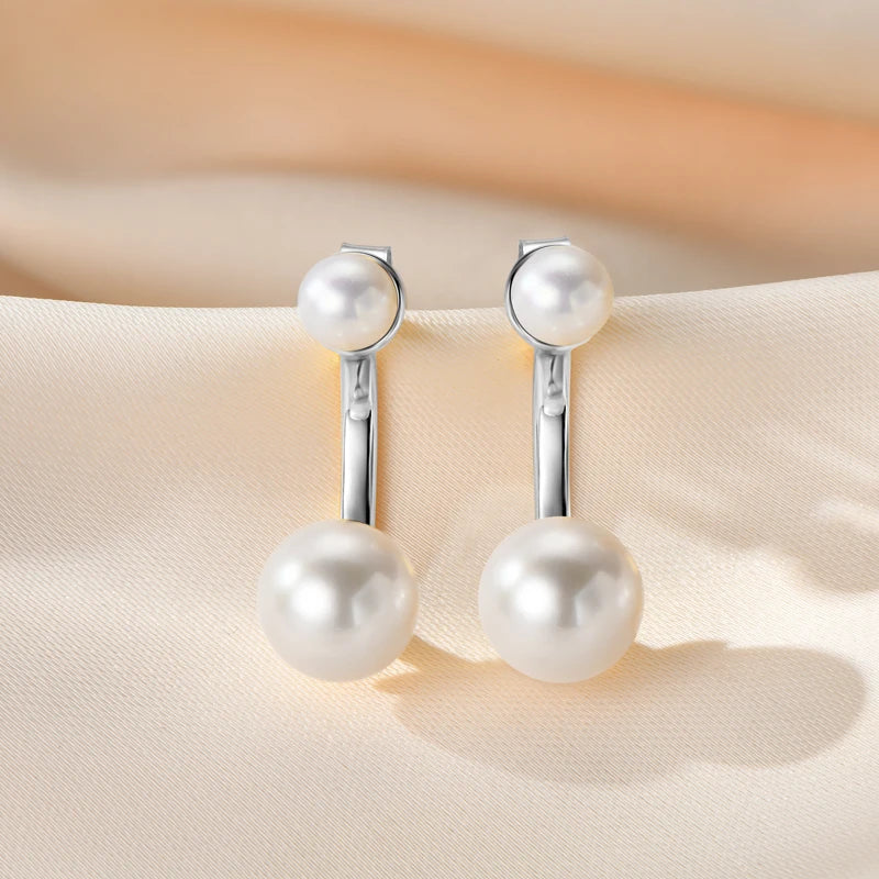 925 Sterling Silver Jacket Earrings Round Natural Freshwater Pearl Studs Front-back Earrings for Women Fine Jewel Gifts