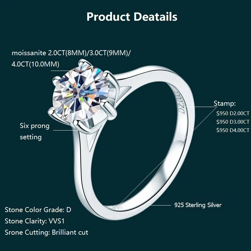 Gold Plated 100% 925 Silver 2-4 Carat Wedding Ring D Color Moissanite Solitaire Promise Rings for Women Engagement Jewelry Gift