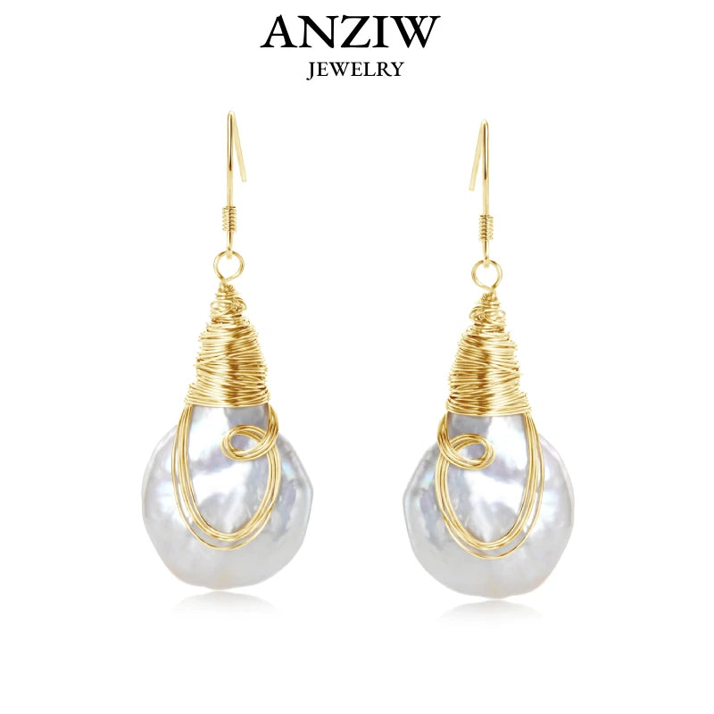 Natural Large Baroque Pearl Drop Earrings 925 Silver Handmade Wire Wrap Bulb Hook Earrings for Women Wedding Party Jewelry