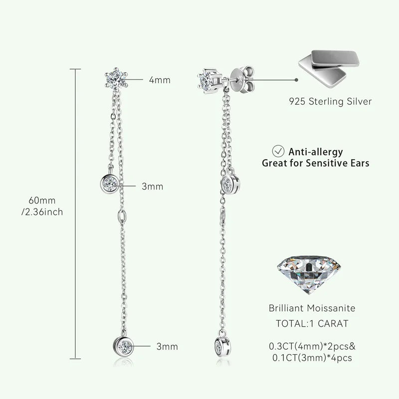 Real 925 Silver D Color Moissanite Stud Earrings Long Chain Drop Earrings Piercing Ear Wedding Jewelry for Women Gift 2024 Trend