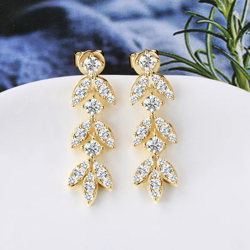 Real Moissanite Earrings Leaf Chandelier Drop Dangle Long Earrings 925 Silver Piercing Studs for Women Cute Jewelry Korean