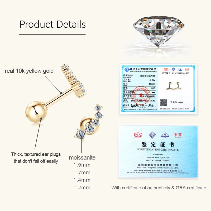 Real Gold 10k D-E Moissanite Stud Earrings Yellow Gold 5-stone Mini Earrings GRA Certified Wedding Engagement Jewelry for Women