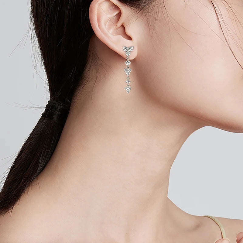 Real 925 Silver 4mm D Color Moissanite Long Drop Earrings Piercing Studs Wedding Party Fine Jewelry for Women 2024 Trend Gift