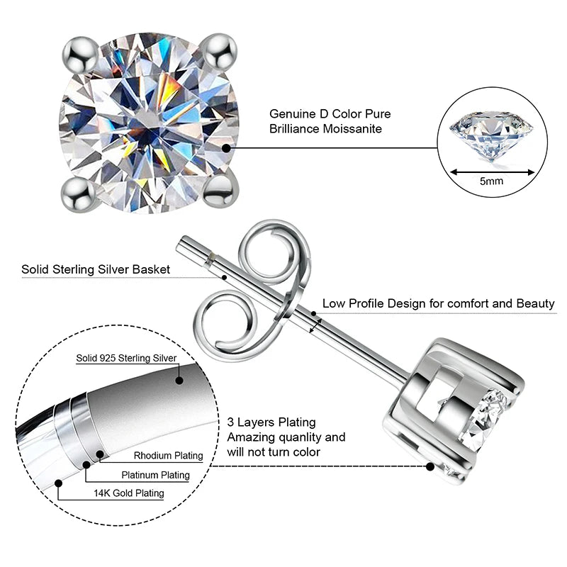 Sparkle Real Moissanite Black Stud Earrings Diamond 925 Silver Gold Ear Piercing Jewelry for Women Men Gifts 3mm/4mm/5mm