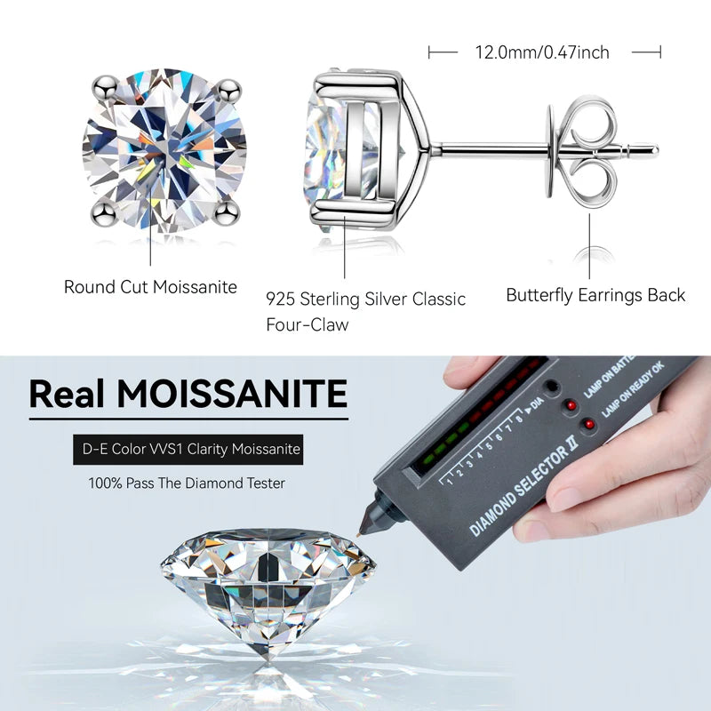 2023 Trendy Stud Earrings for Women 100% 3-11mm 0.1-5.0ct D Color Moissanite 925 Sterling Silver Sparkling Wedding Jewelry