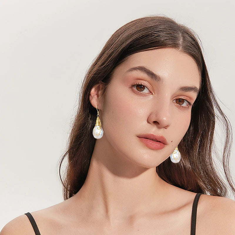 Natural Large Baroque Pearl Drop Earrings 925 Silver Handmade Wire Wrap Bulb Hook Earrings for Women Wedding Party Jewelry