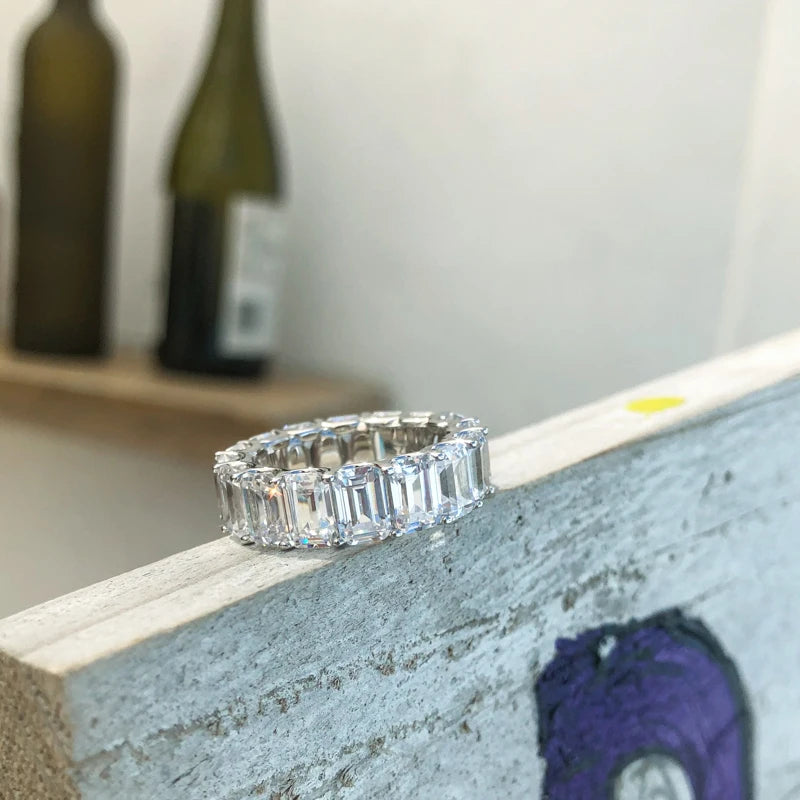 925 Sterling Silver Emerald Cut Eternity Engagement Ring Simulated Diamond Wedding Silver Full Eternity Ring Jewelry