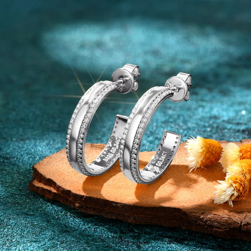 C Shape Open Circle Stud Earrings Moissanite Hoop Drop Piercing Earrings 925 Sterling Silver Women's Anniversary Jewelry