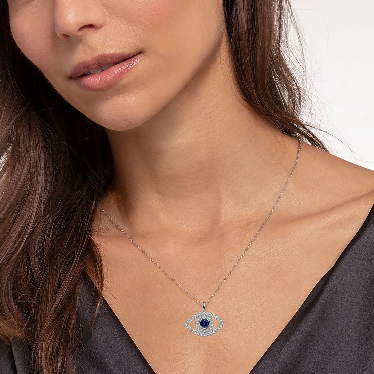 4mm Round Cubic Zirconia Blue Gemstone Evil Eye Pendant Necklace 100% Real 925 Silver for Women Charm Fine Jewelry 45+5cm