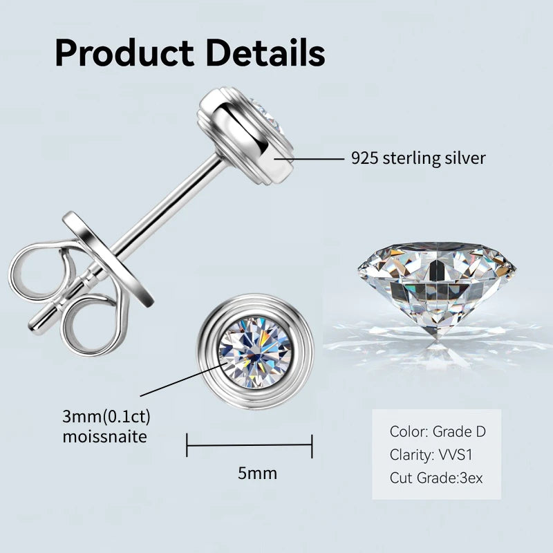 Bezel 5mm 6.5mm 1CT D Color Moissanite Earrings 925 Sterling Silver Plated K Gold Earrings for Men Women Gift Valentine's