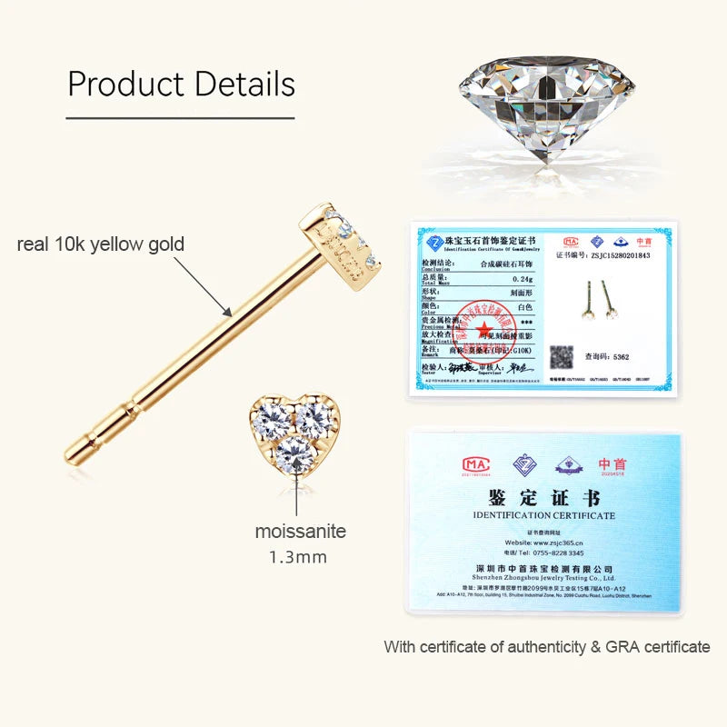 Solid 10K Yellow Gold Moissanite Earrings for Women Super Mini Heart Studs Earrings Piercing Ear Wedding Engagement Jewelry Gift