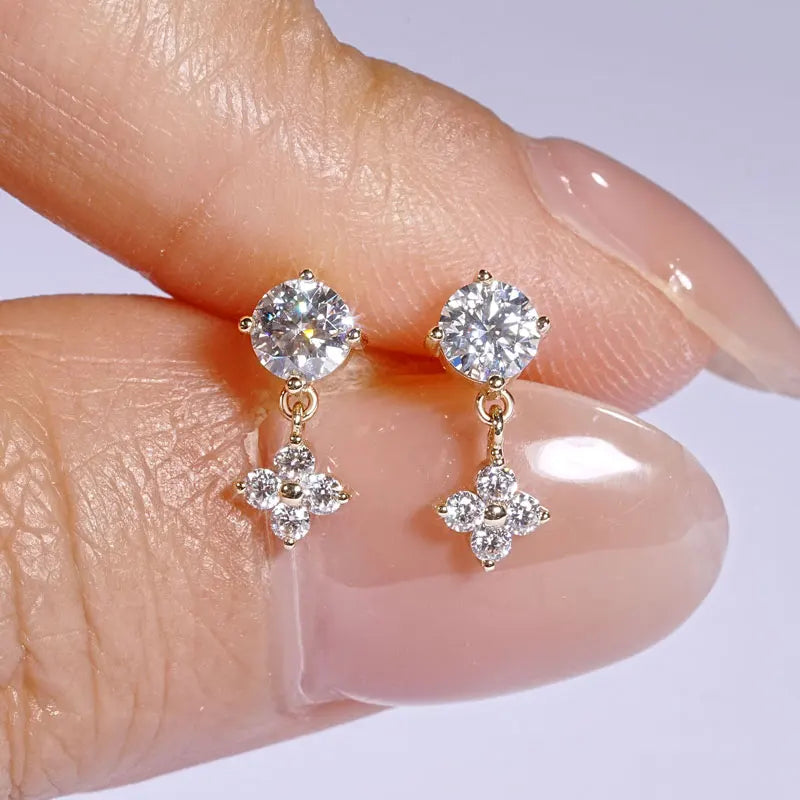 Pure Gold Earrings Lucky Clover Flower Moissanite Drop Stud Earrings 10K for Women Charm Wedding Jewelry & GRA Certificate
