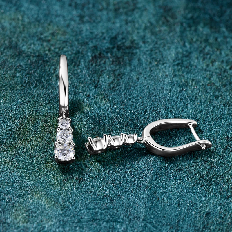 Three Stone Trilogy Clip Earrings 925 Sterling Silver 1.8CTW. Moissanite Pendant Earrings for Women Wedding Jewelry Gifts
