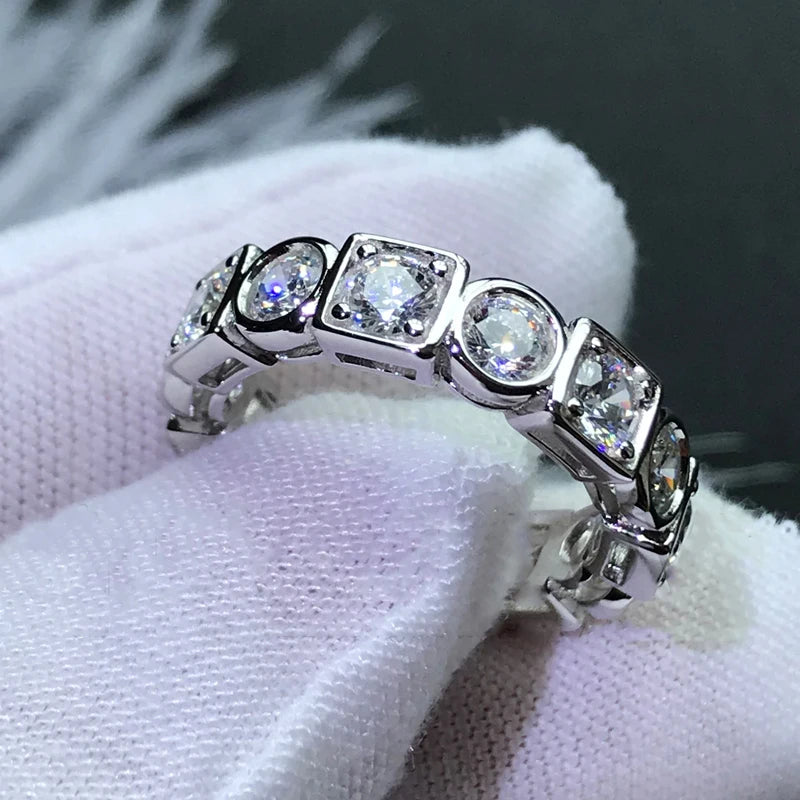 100% Real Silver 925 Full Eternity Ring for Women Simulated Diamond Engagement Wedding Band Finger Rings Cubic Zirconia Jewelry