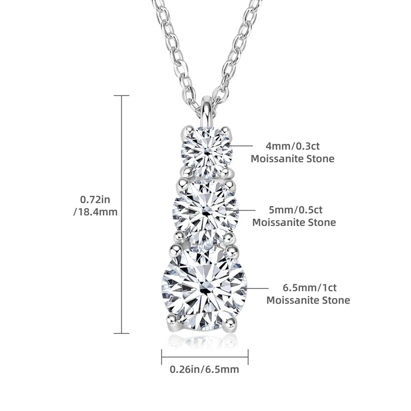 Real Certified Gradual Three Stone Moissanite Pendant Necklace 100% 925 Silver for Women Luxury Wedding Anniversary Jewelry Gift