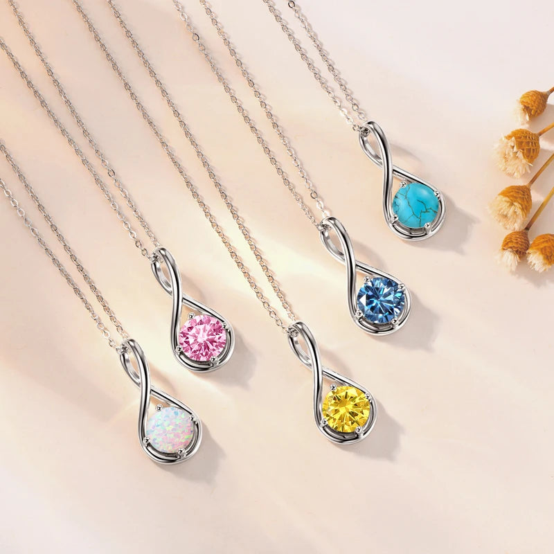 Colorful 12 Birthstone Pendant Infinity Necklace for Women 925 Silver 8mm Round Moissanite Zirconia Pearl Jewelry Birthday Gift