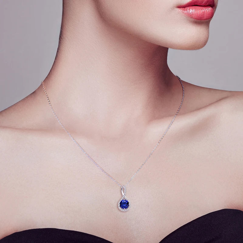 925 Sterling Silver Infinity Necklace 8mm 2ct 5A Cubic Zirconia Lab Diamond Blue Gemstone Pendant for Women Fine Jewelry Gift